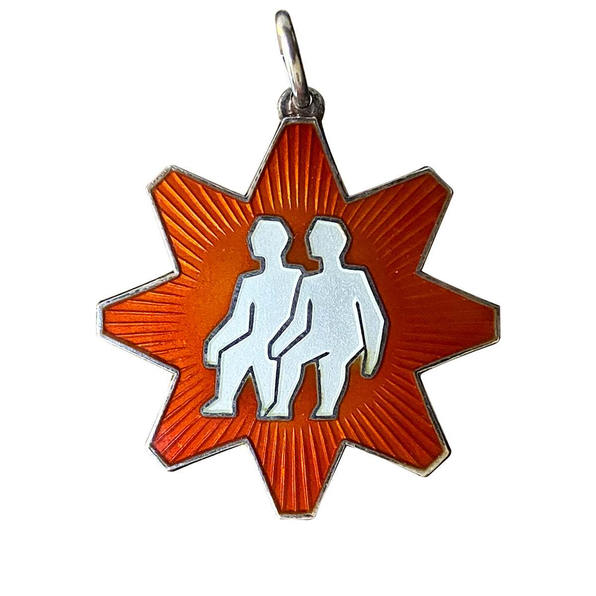 Gemini Twins Astrology Charm Harry Sørby Norway Vintage Sterling Silver and Orange Enamel Norwegian Star Sign Pendant Charmarama