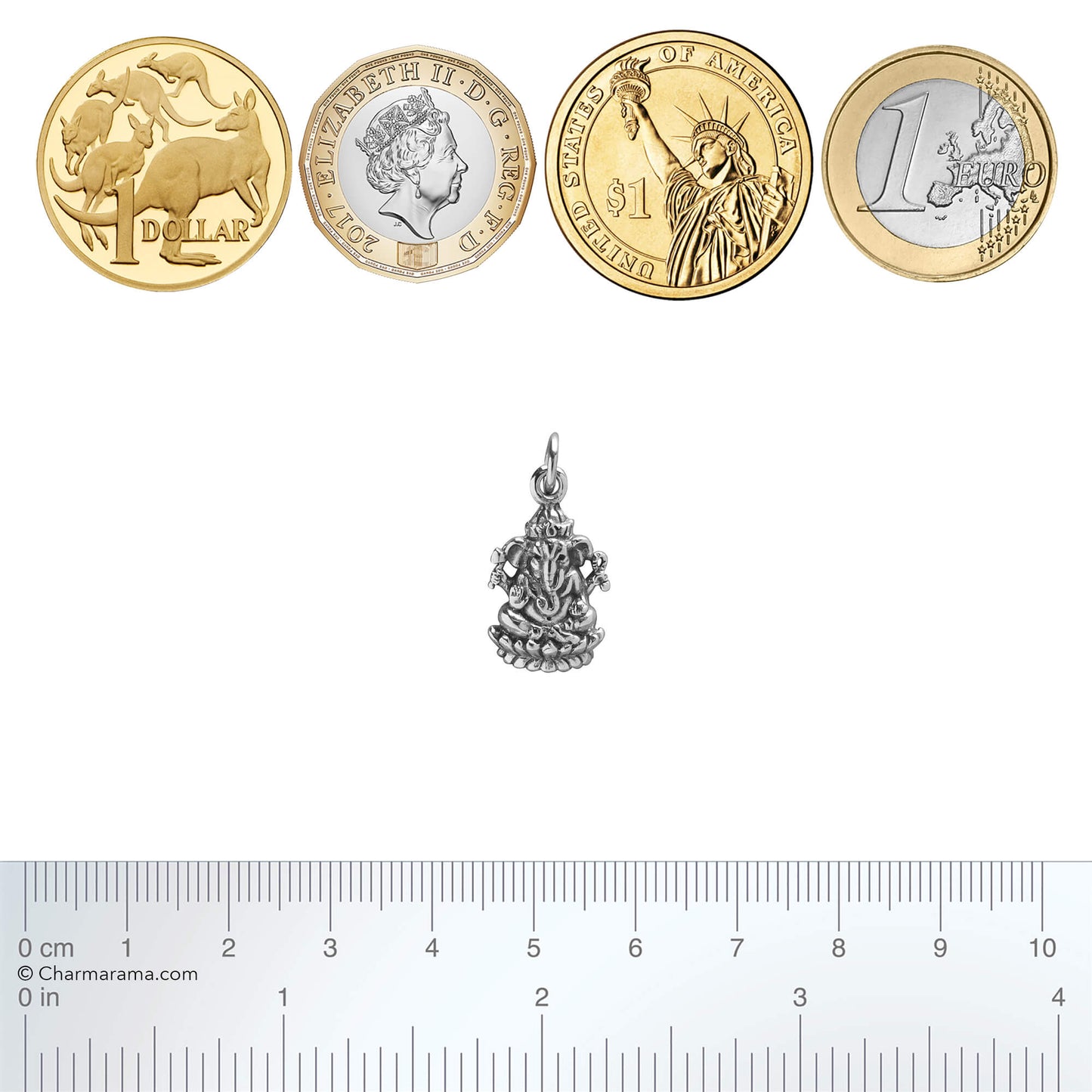 Sterling silver Ganesh charm with coins and ruler for scale on a white background