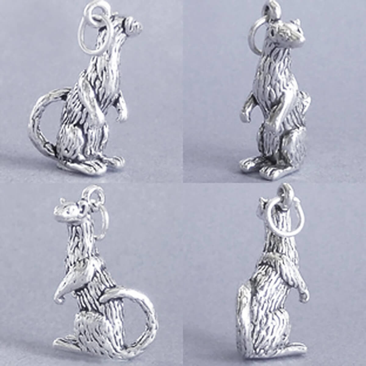 Four views of sterling silver ferret charm on a white background