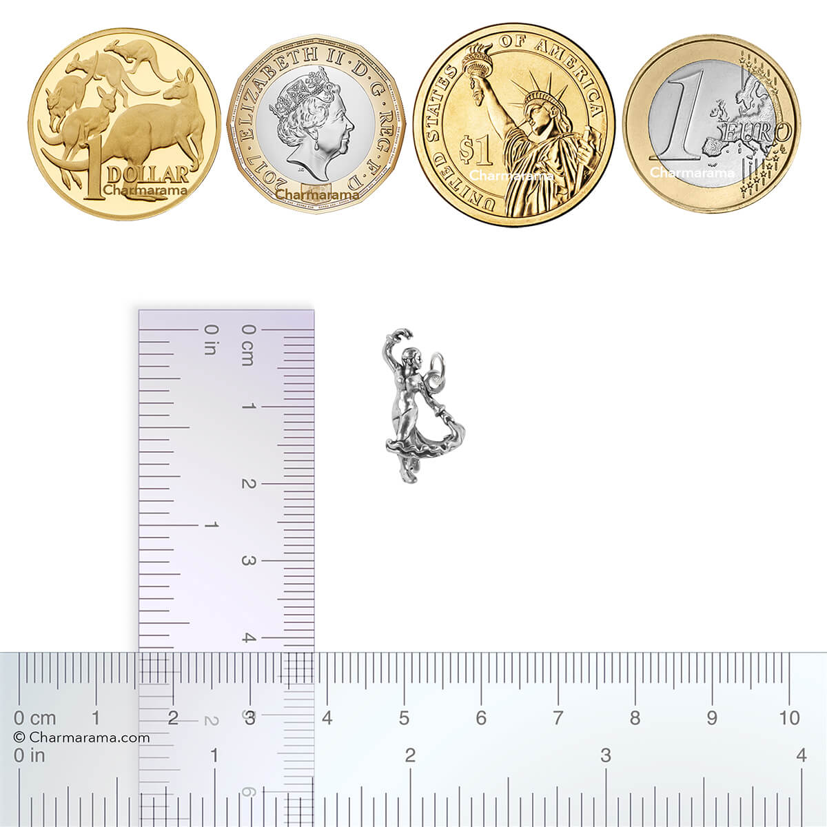 Sterling silver Spanish flamenco dancer charm with coins and ruler for scale on a white background