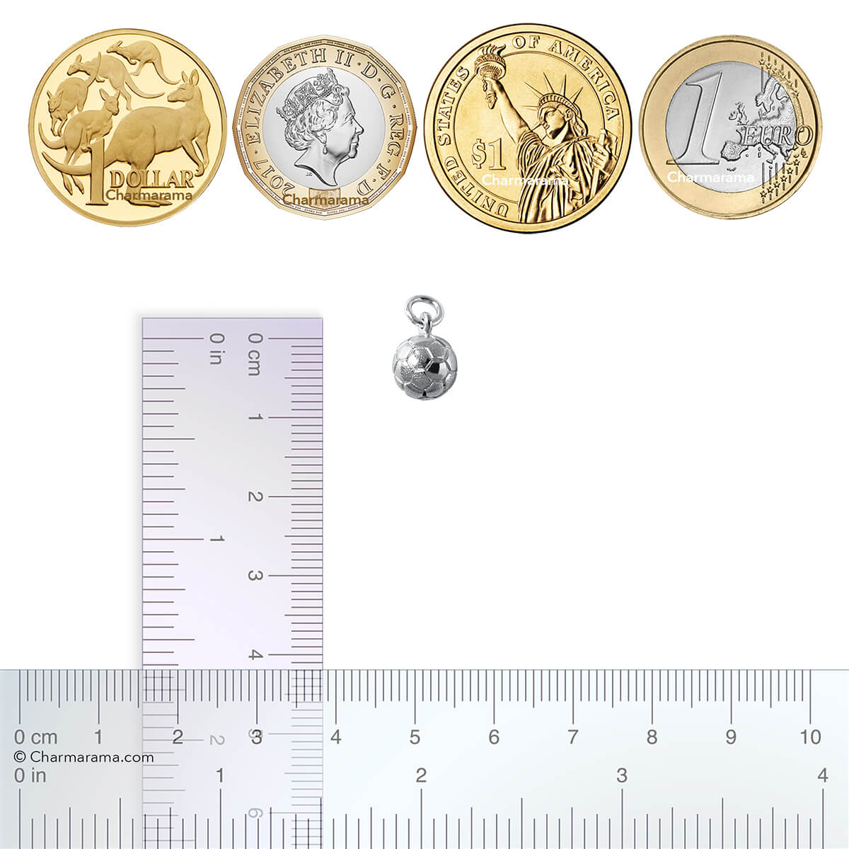 Sterling silver football charm with coins and ruler for scale on a white background