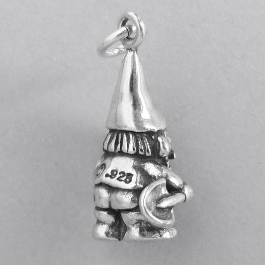 Sterling silver garden gnome charm on a grey background
