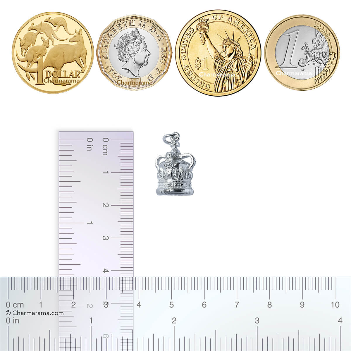 Sterling silver St Edward's crown charm with coins and ruler for scale on a white background
