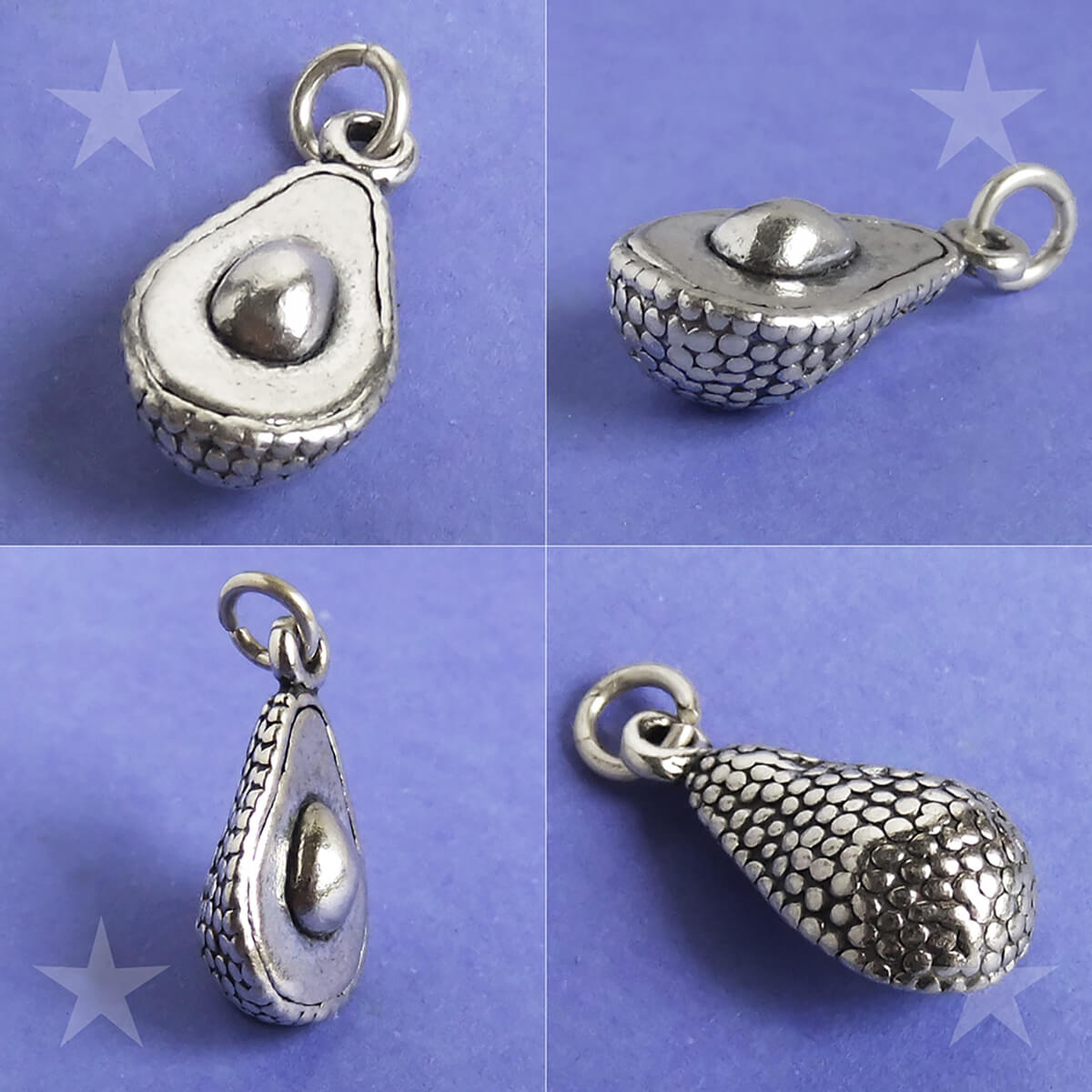 Sterling Silver Avocado Charm showing four angles, on purple background
