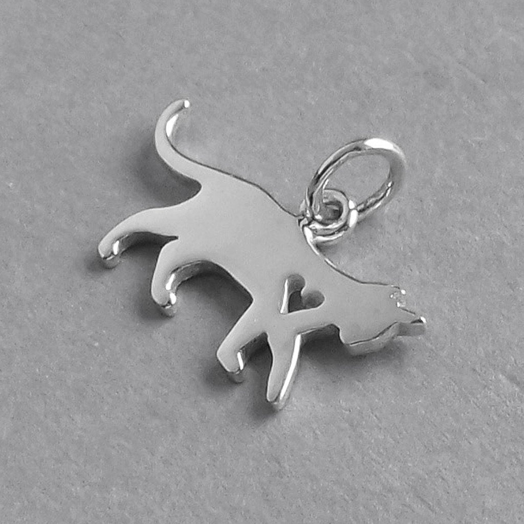 cat silhouette with heart charm sterling silver