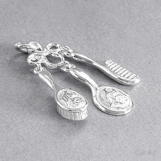 Sterling Silver or Gold Brush Comb Mirror Vanity Set Charm Pendant