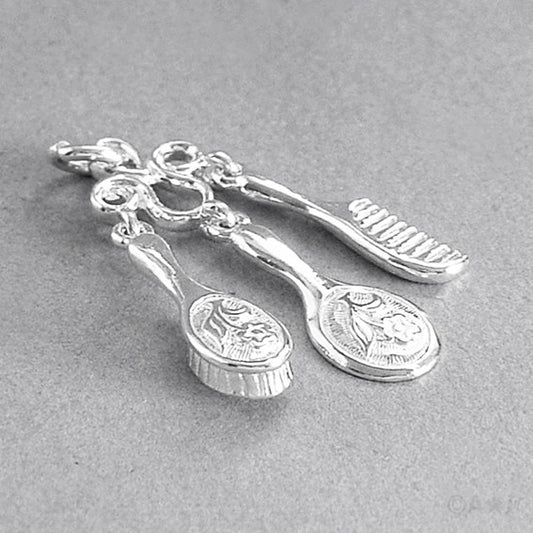 Sterling Silver or Gold Brush Comb Mirror Vanity Set Charm Pendant