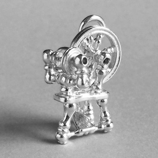 Mechanical Spinning Wheel Charm in Sterling Silver or Gold