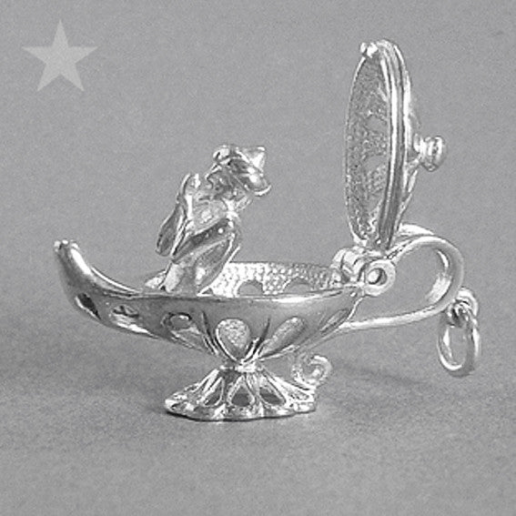 Genie in Lamp Charm Pendant in Sterling Silver or Gold
