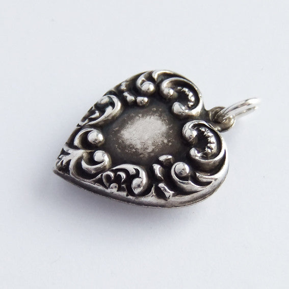Sterling silver vintage ornate puffy heart charm pendant