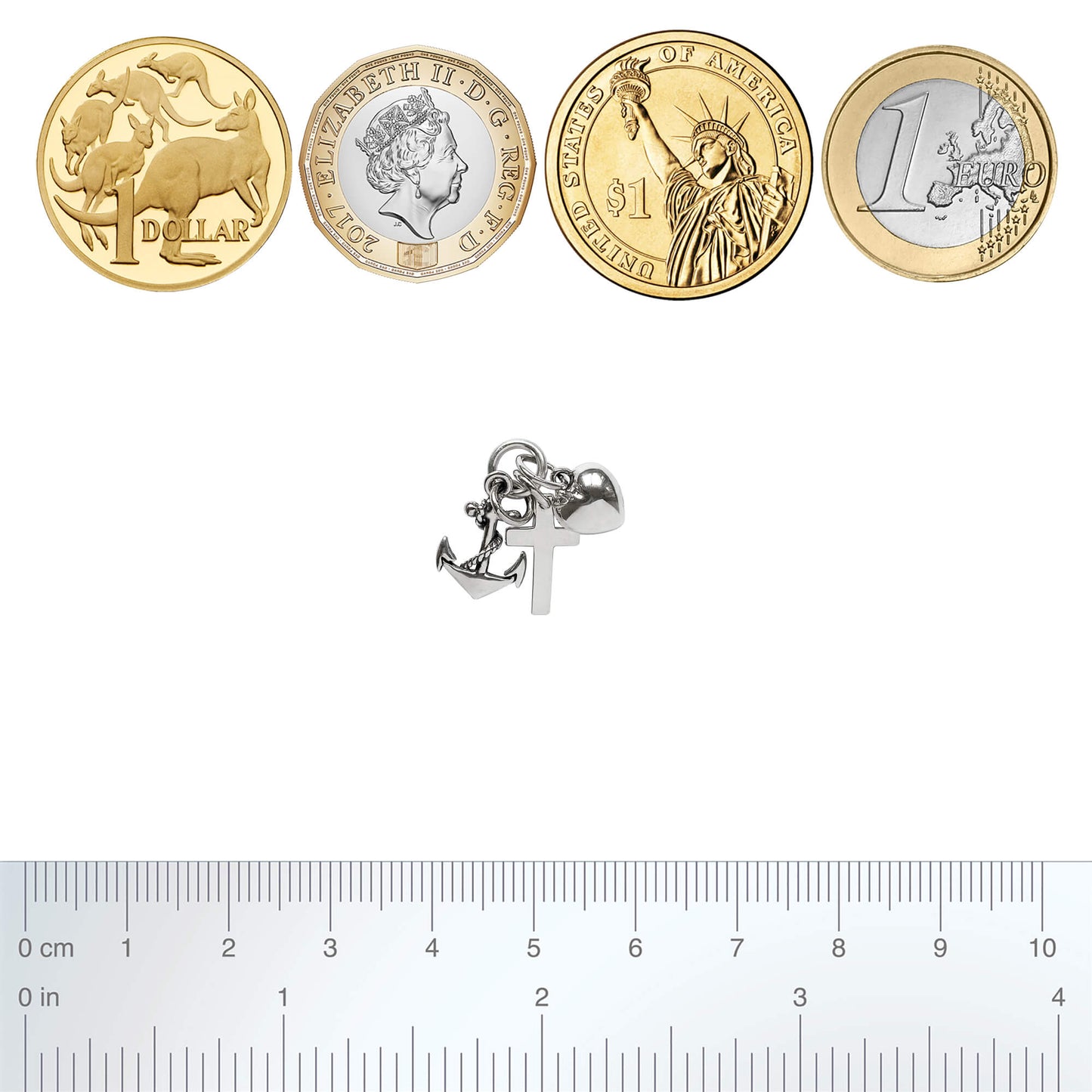 silver faith hope charity charm with coins and ruler for scale