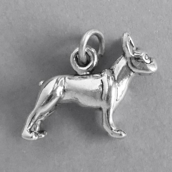 silver boston terrier pendant on a grey background