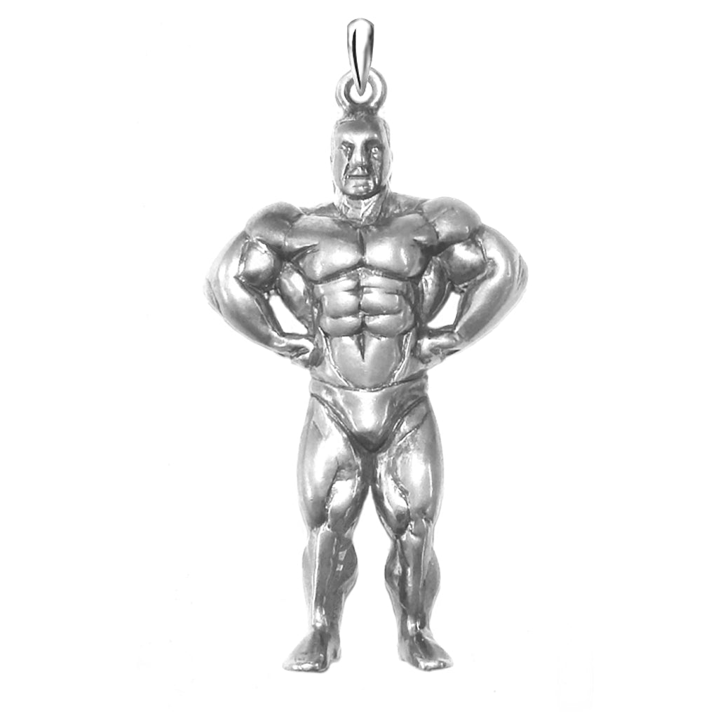 body builder pendant in silver against a white background.