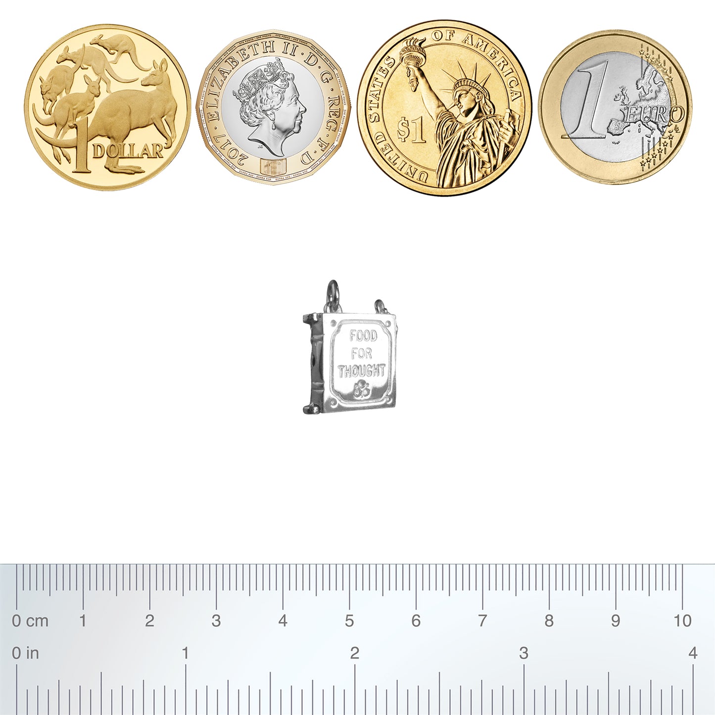 Silver bookworm charm with coins and ruler for scale