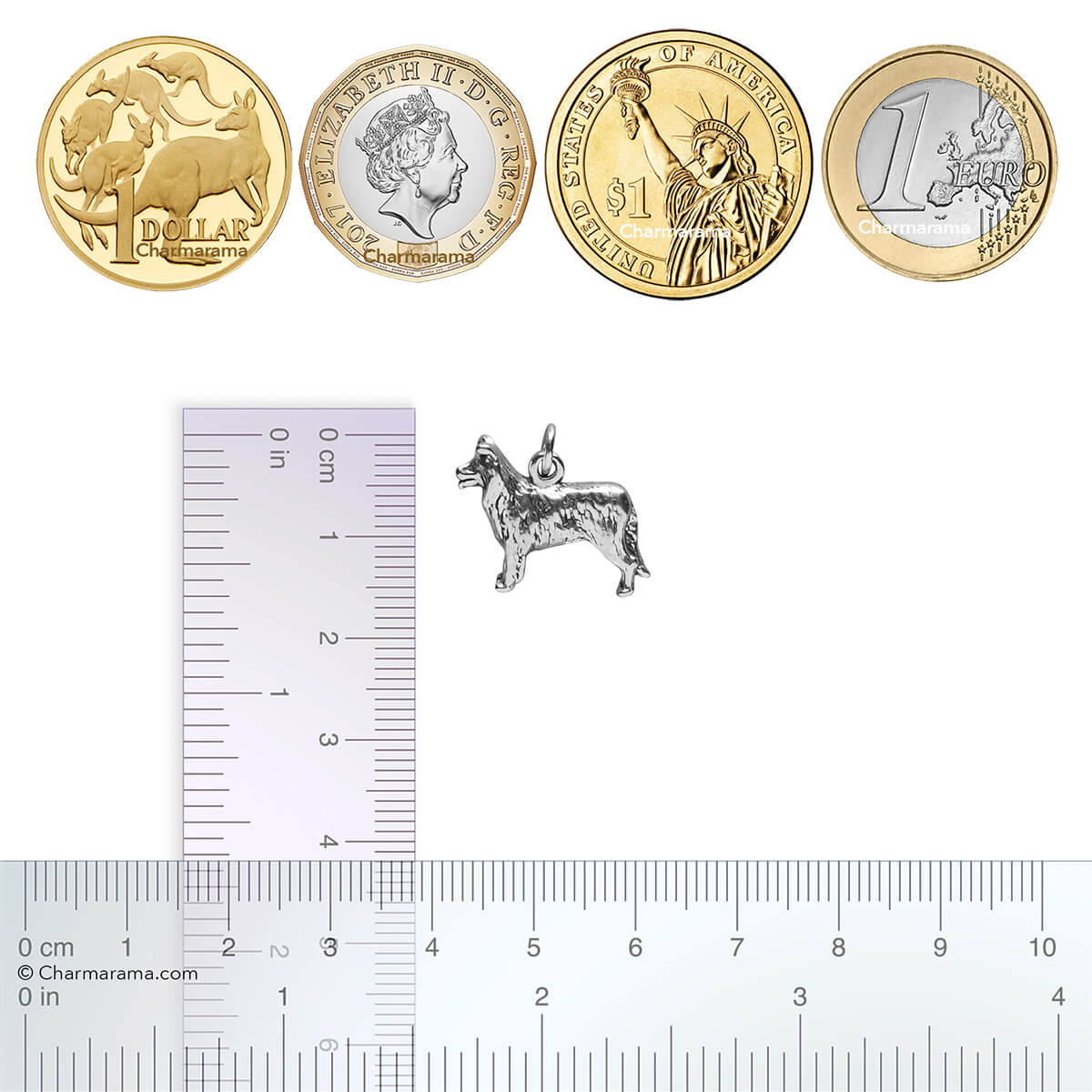 silver border collie charm with coins and ruler on a white background