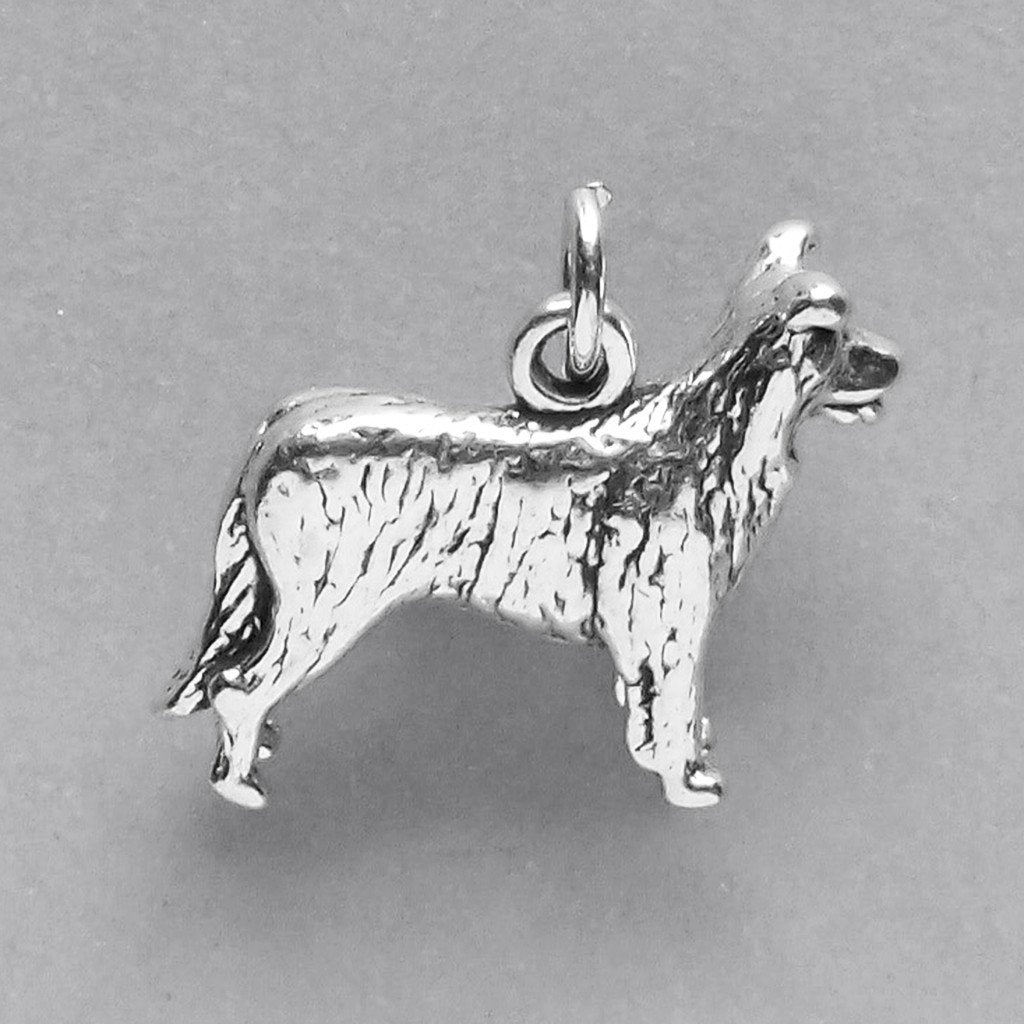 silver border collie dog charm on a grey background