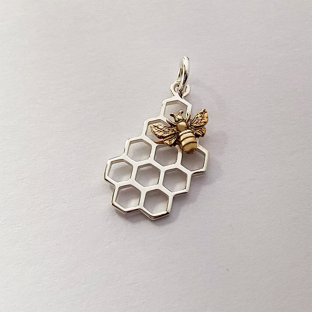 Honey Bee on Honeycomb Charm Sterling Silver and Bronze