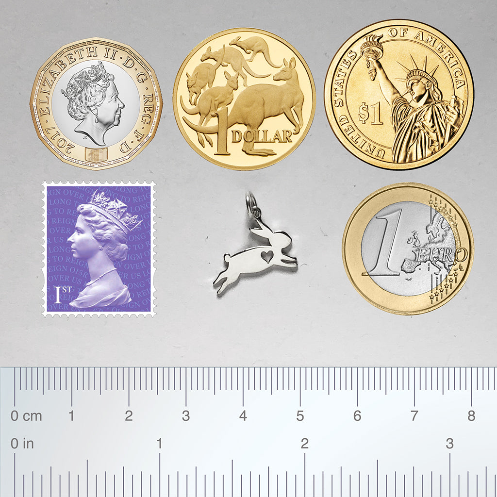 rabbit charm silhouette with heart with coins and stamp and ruler for scale