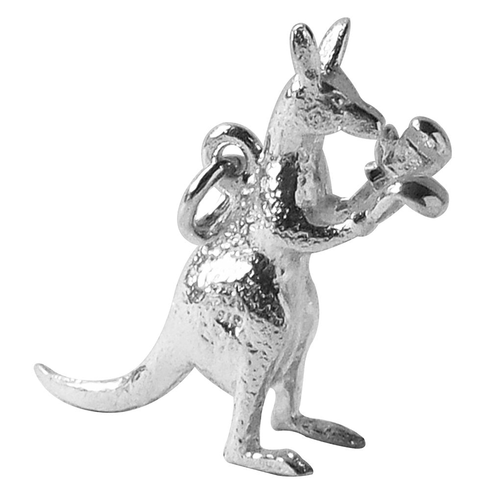 A silver kangaroo boxing charm in sterling silver on a white background