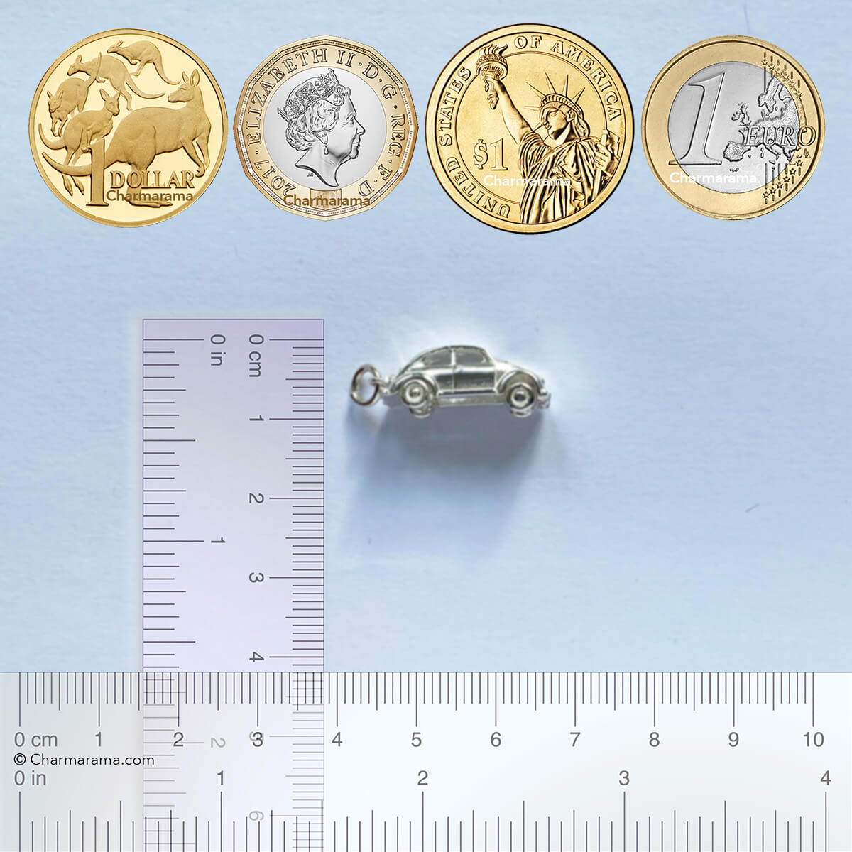 beetle car charm size guide with coins and rulers