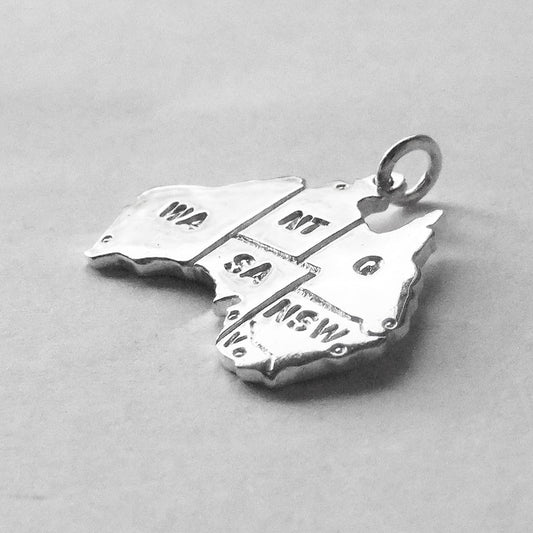 Sterling silver map of Australia charm with states