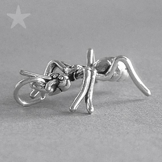 Sterling silver ant charm insect pendant side view on grey background