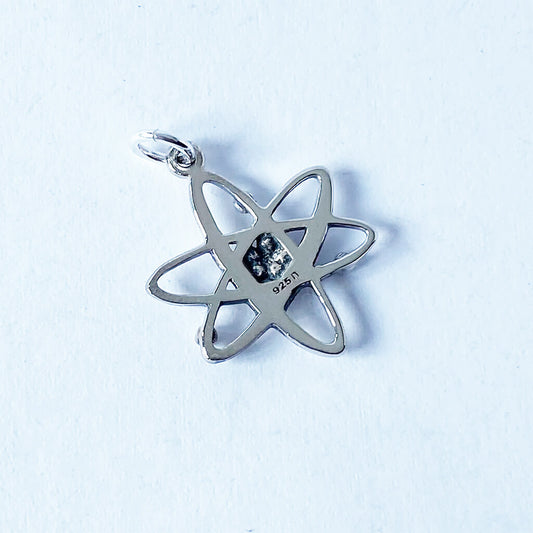 reverse side of an atom charm in sterling silver
