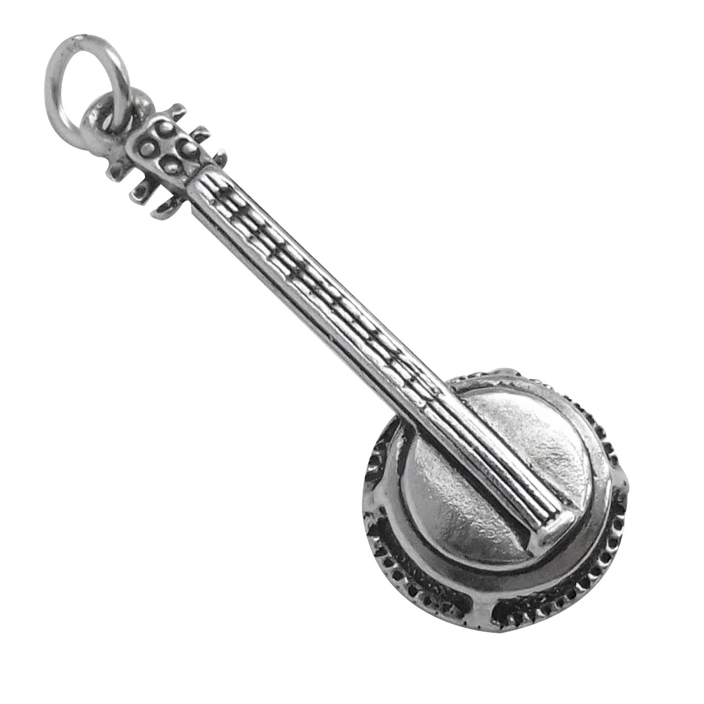 sterling silver banjo guitar charm on white background