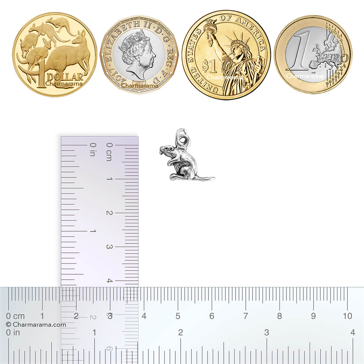 Charmarama beaver charm with coins and rulers for scale
