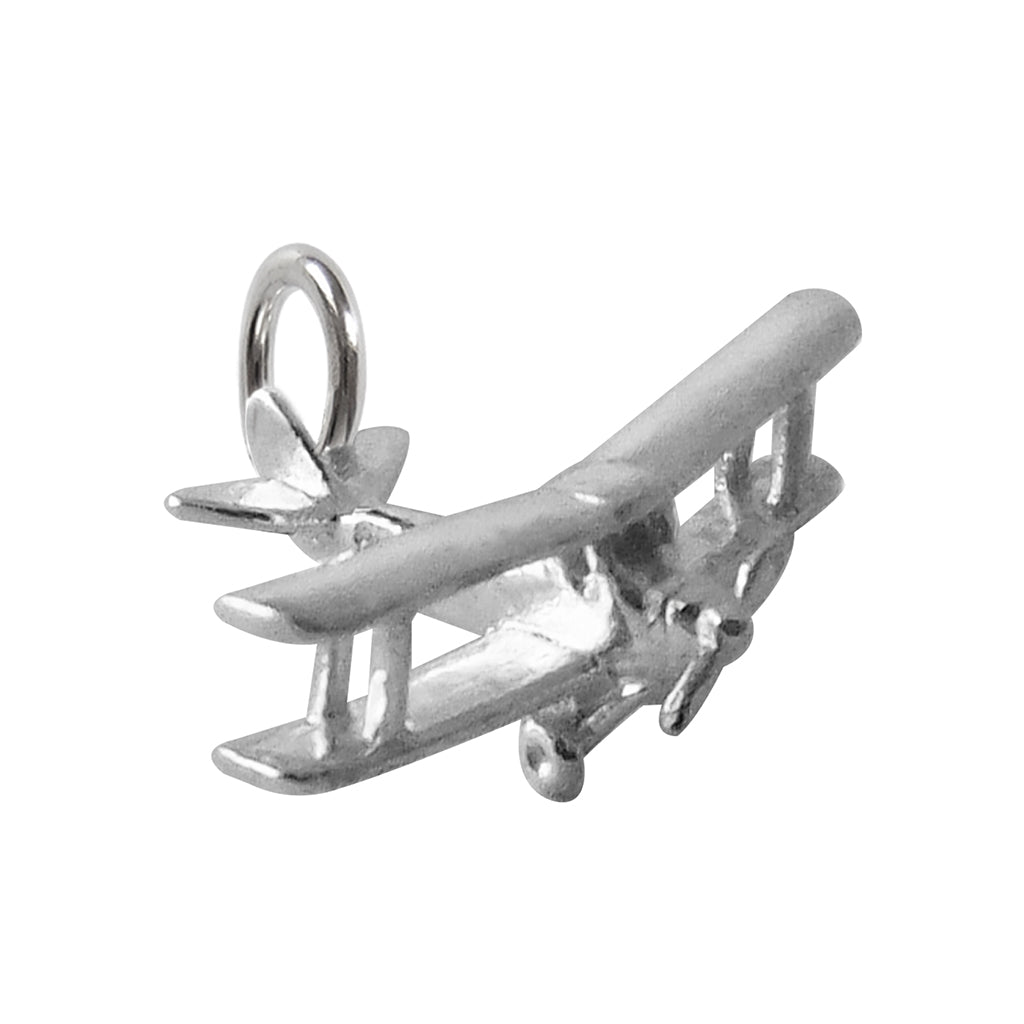 Biplane aircraft charm sterling silver pendant on white background