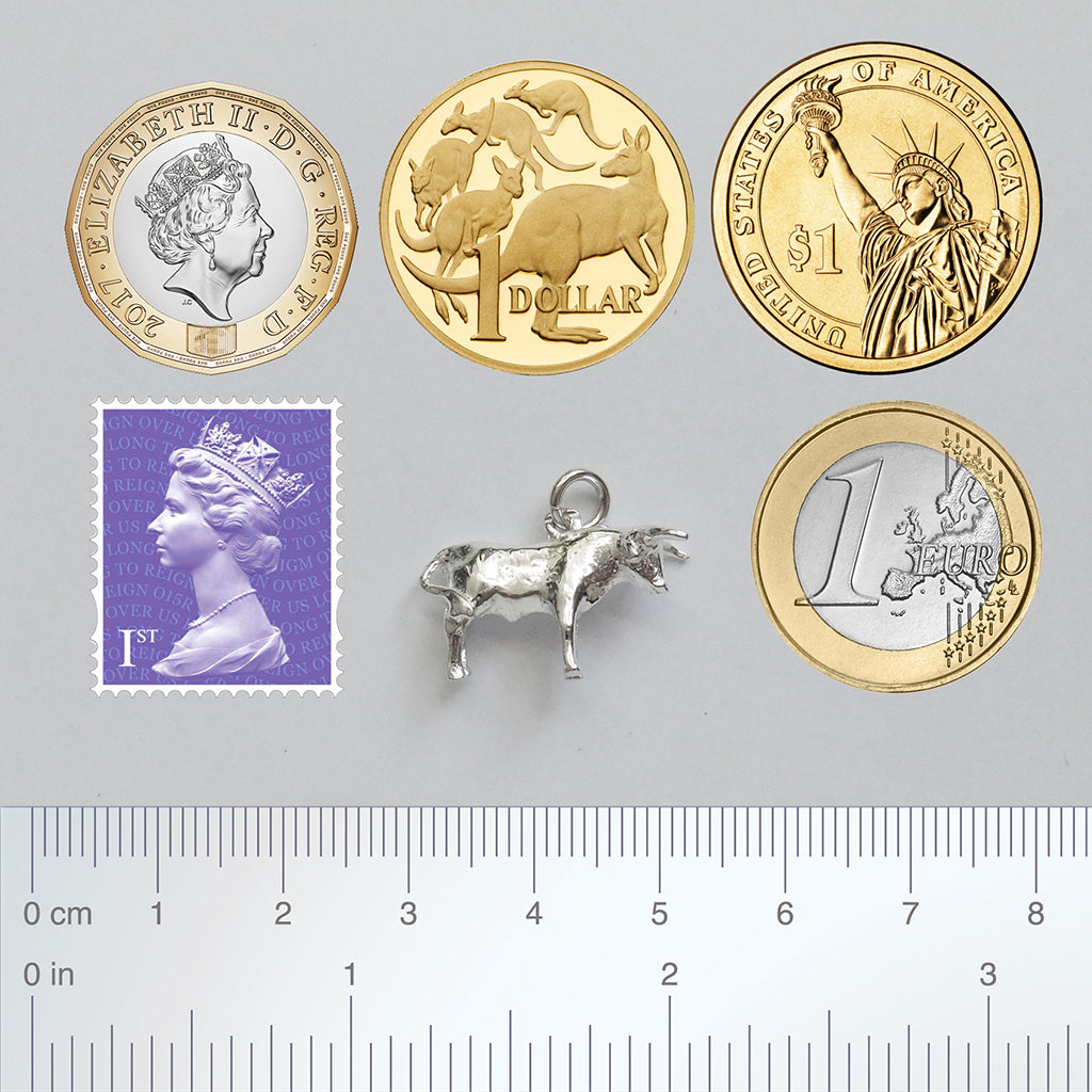 silver bull charm with coins stamp and ruler for scale