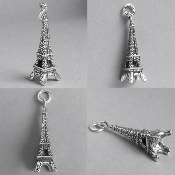 silver eiffel tower charm seen from different angles on grey background