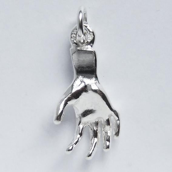 Sterling Silver Human Hand palm Charm on pale grey background