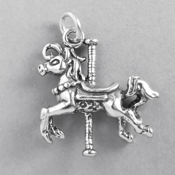 silver carousel horse charm on grey background