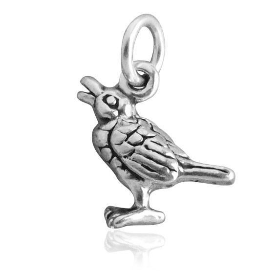 silver song bird charm on a white background