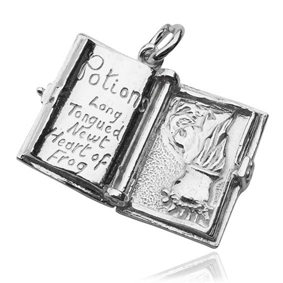 witch spell book charm silver