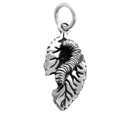 Sterling silver caterpillar eating a leaf charm
