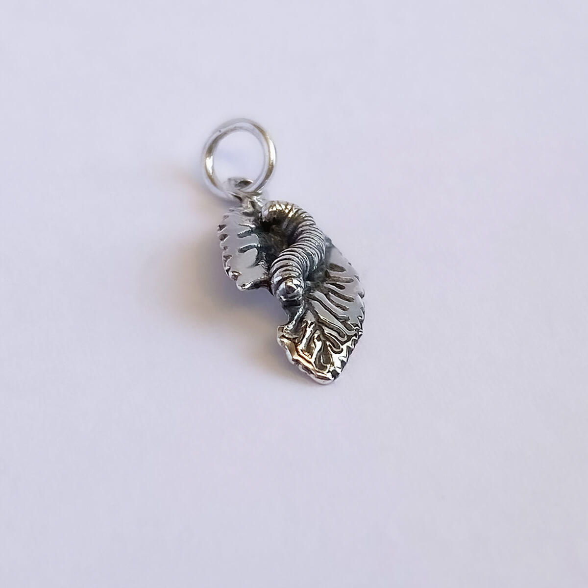 Caterpillar on leaf charm sterling silver nature pendant