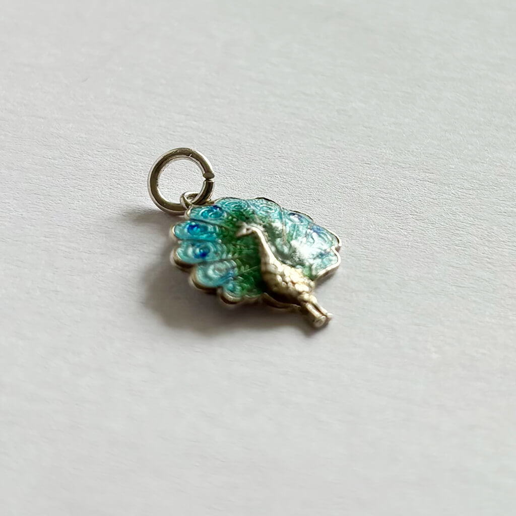 Peacock bird charm vintage silver and enamel side view