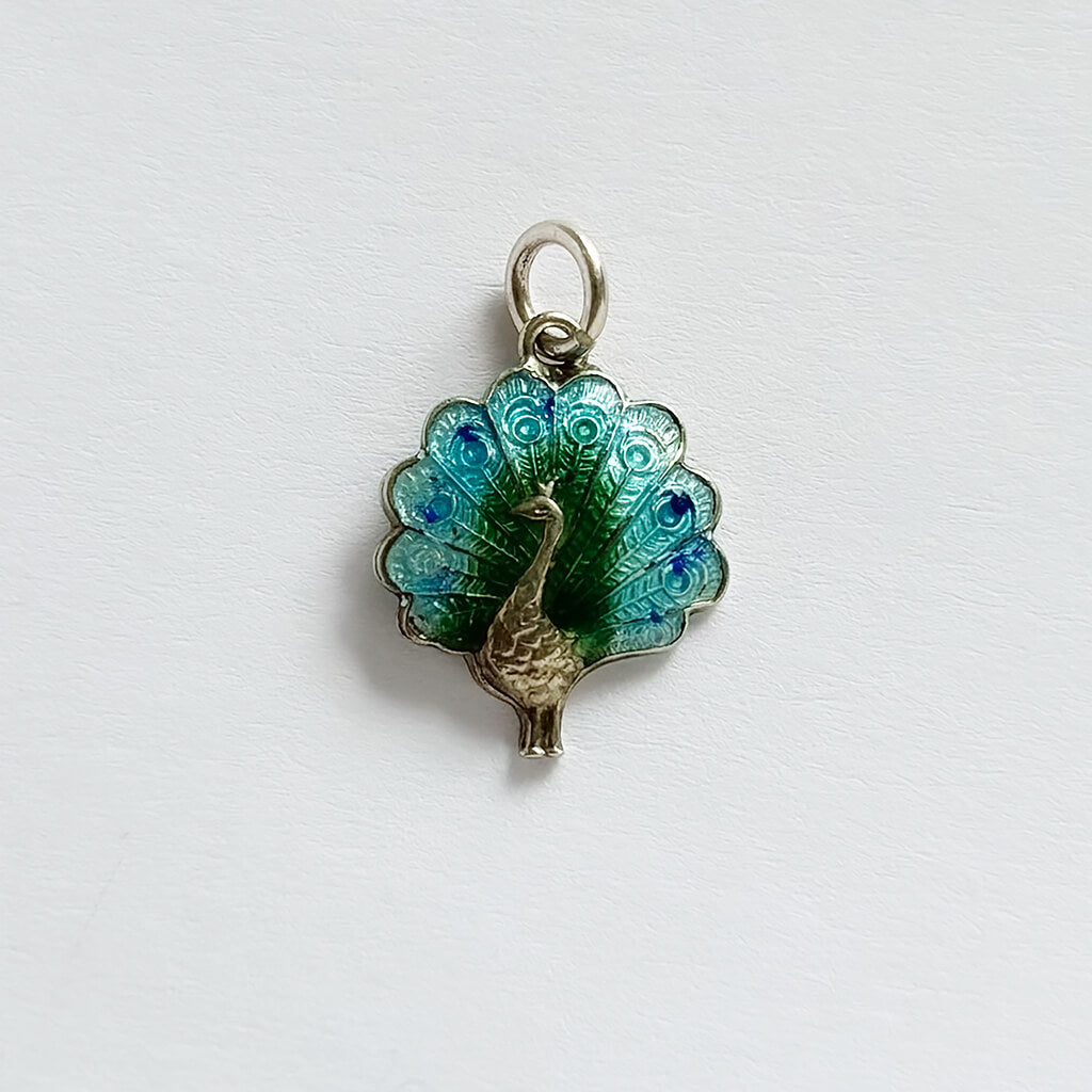 Vintage 1970s Peacock bird charm silver and blue green enamel