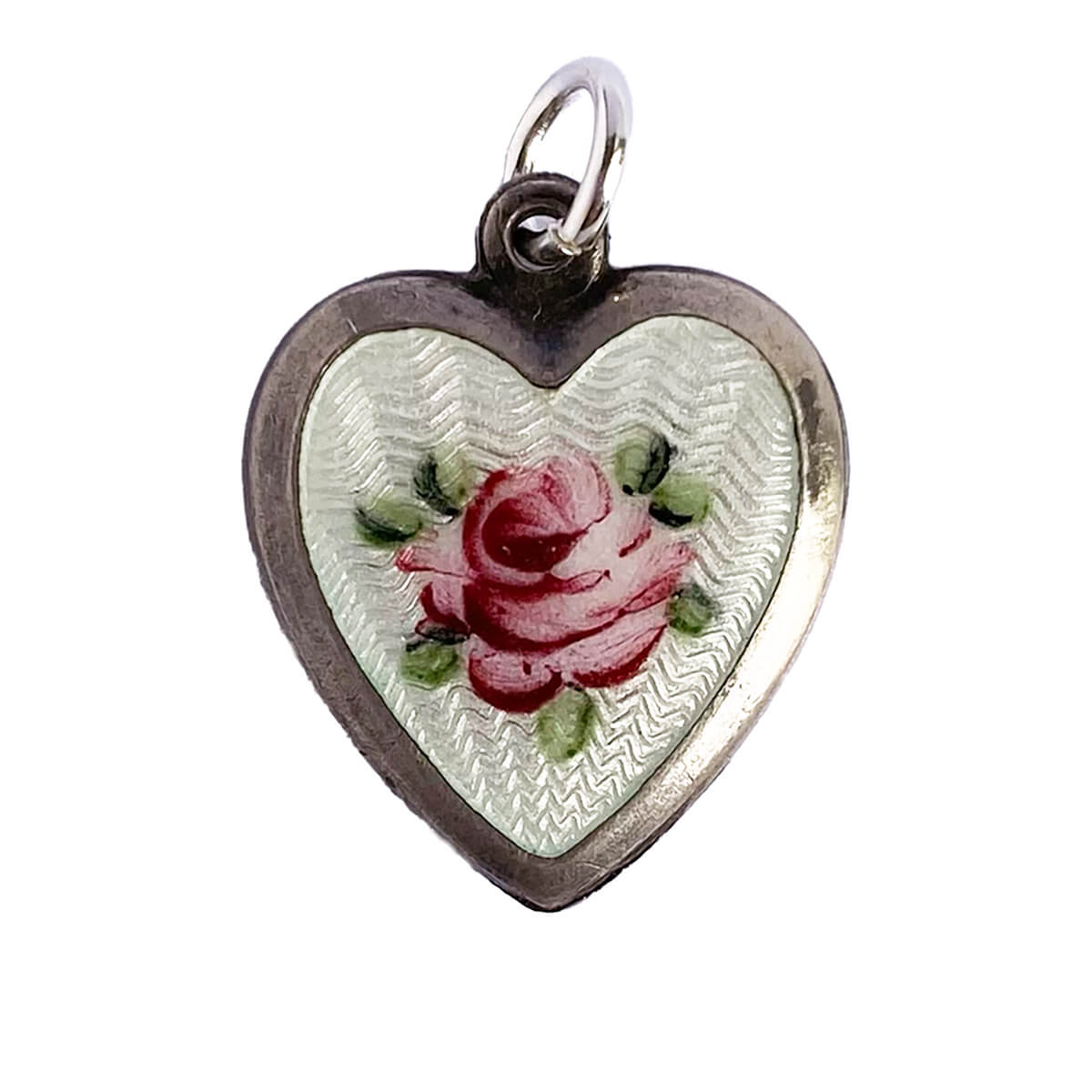 Vintage guilloche enamel puffed heart charm with pink rose flower