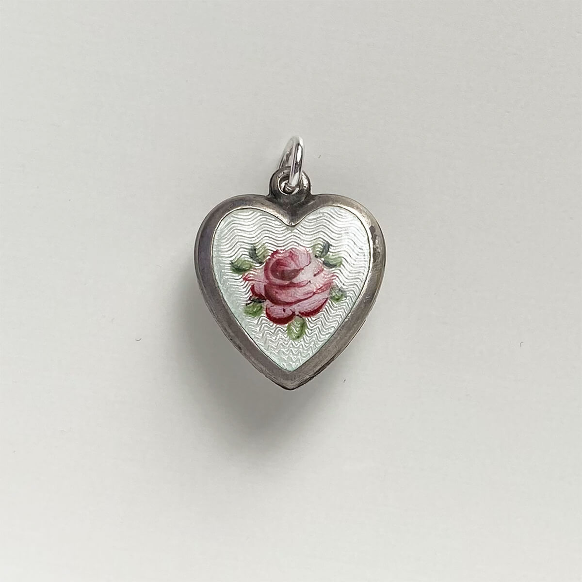 Vintage guilloche enamel puffy heart pendant with pink rose flower
