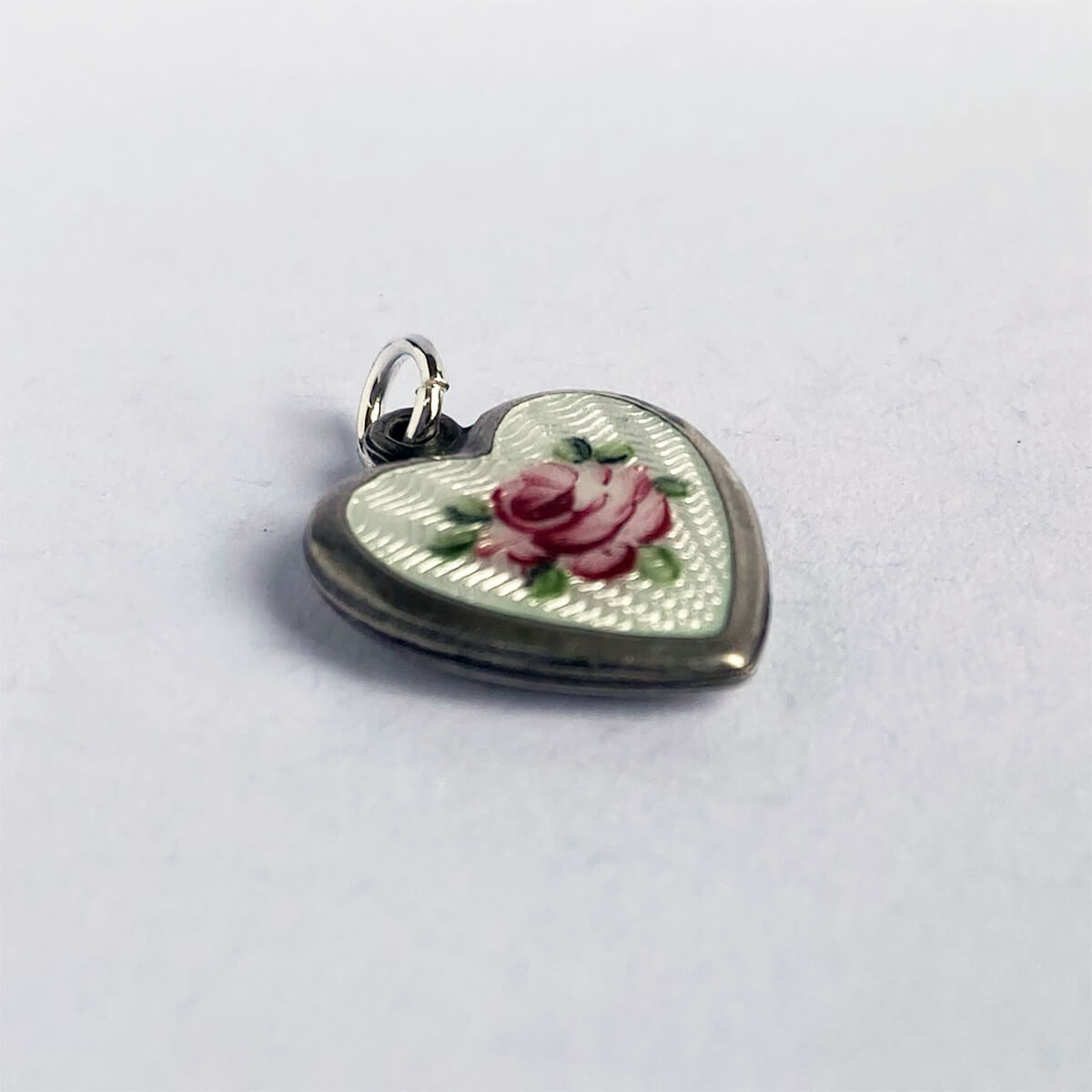 Love heart charm guilloche enamel with pink rose flower