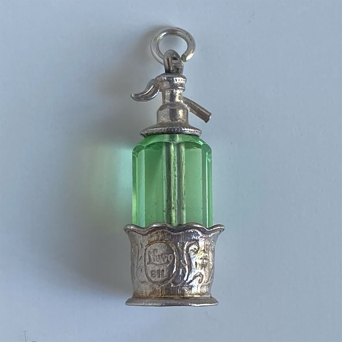 Vintage Nuvo silver and green crystal soda syphon charm from Charmarama