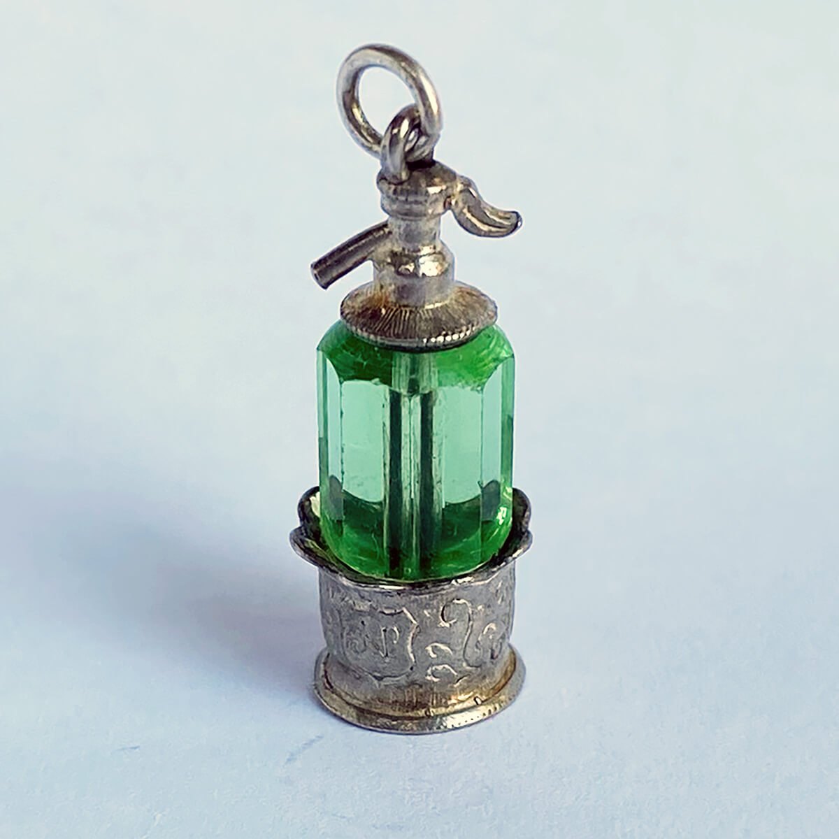Vintage Nuvo silver and green crystal soda syphon Pendant