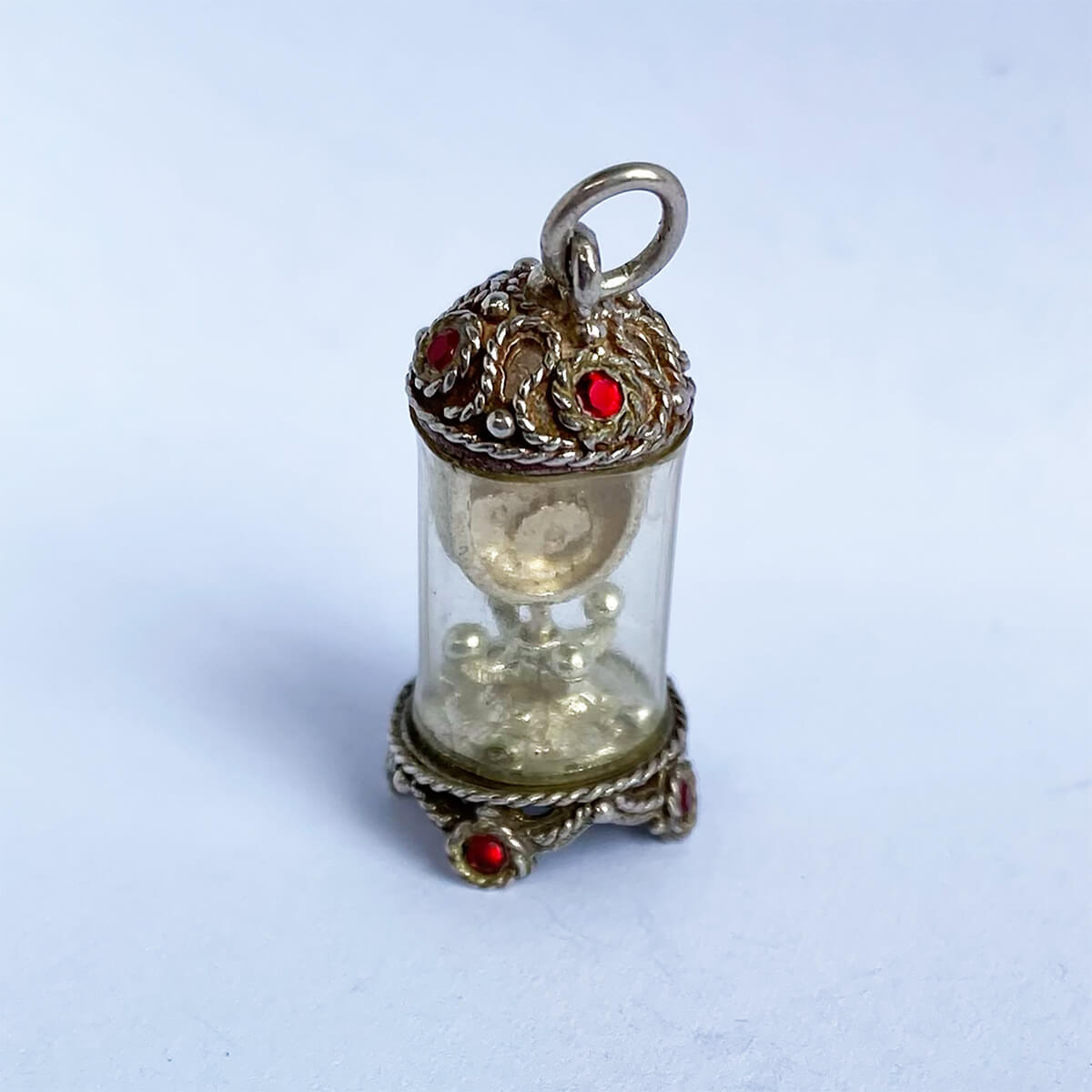 Vintage English silver Nuvo carriage clock charm with red crystals from Charmarama Charms