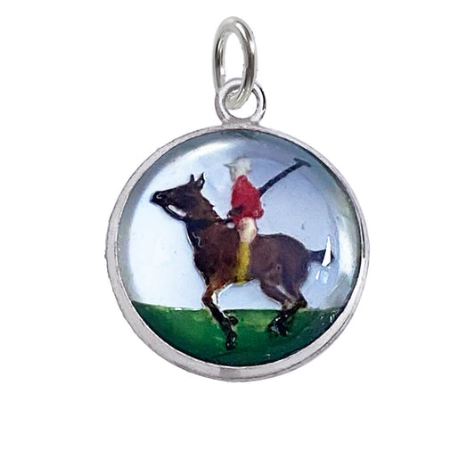 Polo horse and player reverse crystal sterling silver charm