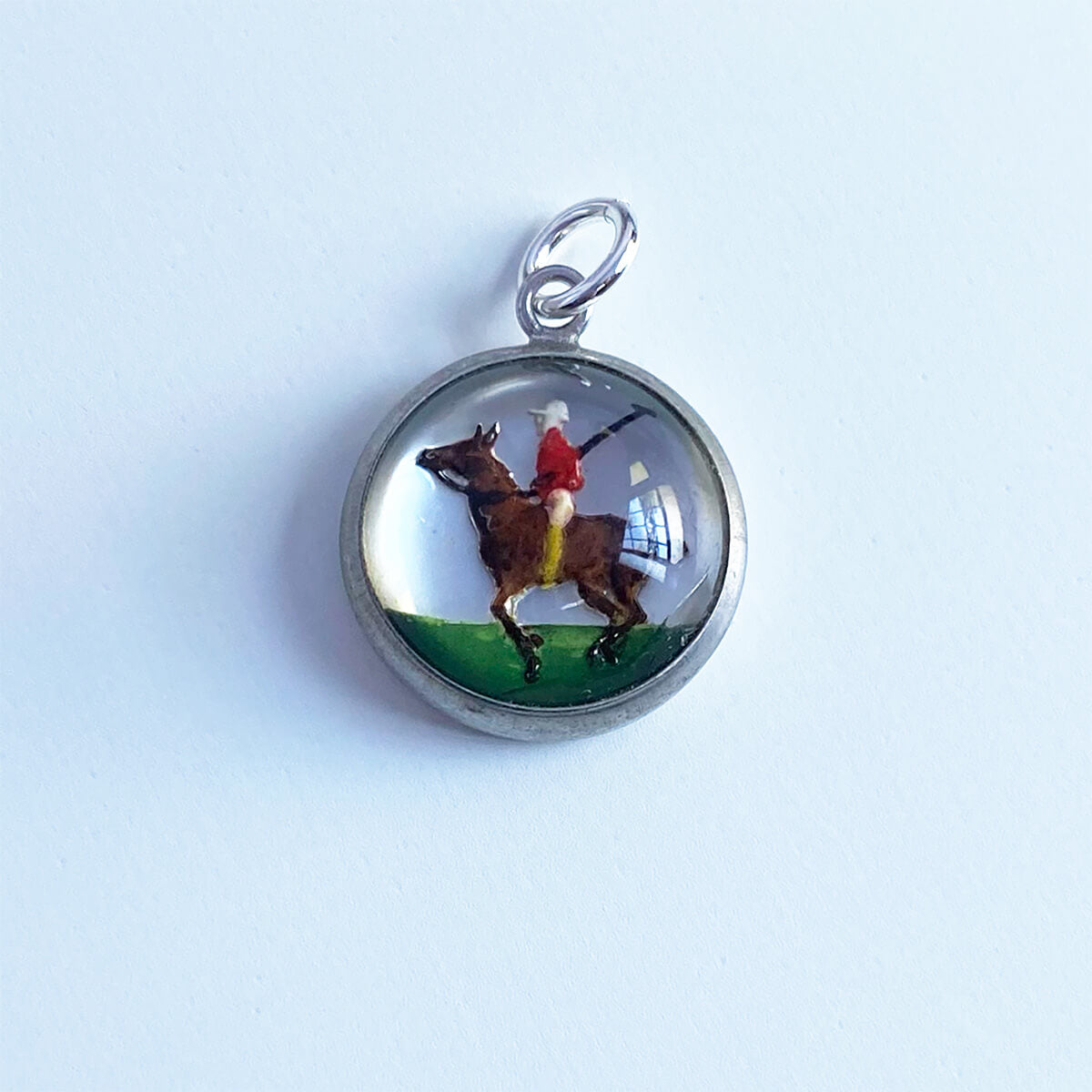 Polo pony and rider equestrian sport intaglio crystal sterling silver charm