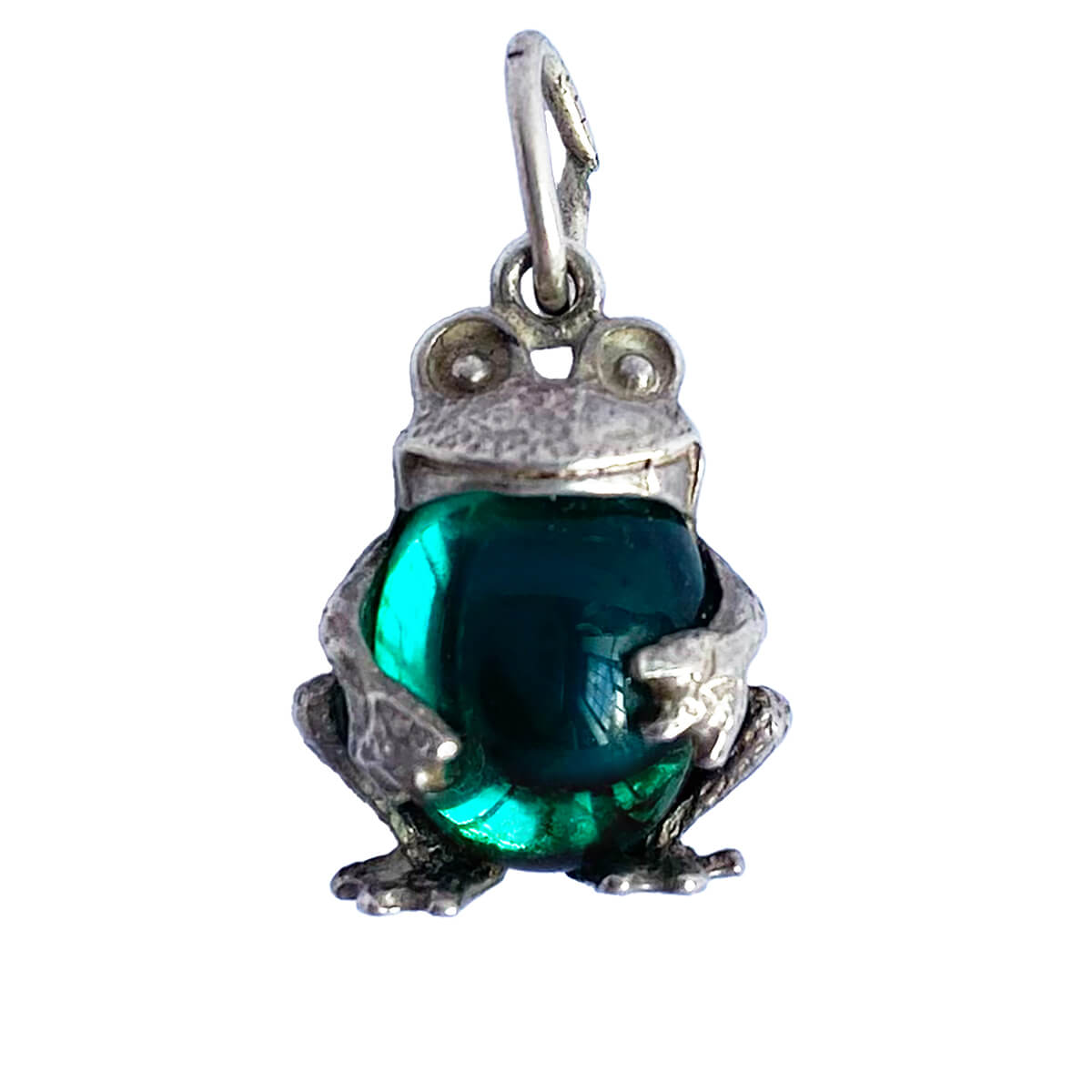 Vintage silver frog charm with green crystal belly