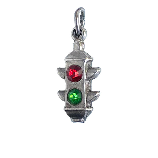 Vintage 1940s traffic lights charm sterling silver with green and red crystals